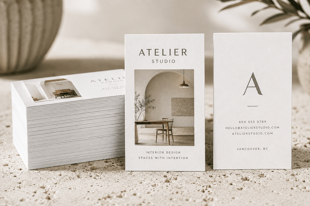 Thick stack and standing custom 12pt recycled uncoated business cards for Atelier Studio featuring interior design photography