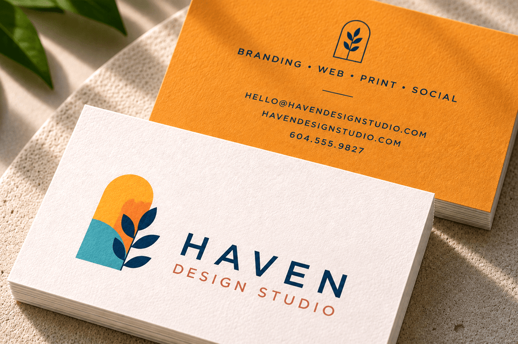 Stack of custom 12pt recycled uncoated business cards for Haven Design Studio with colorful arched botanical graphics