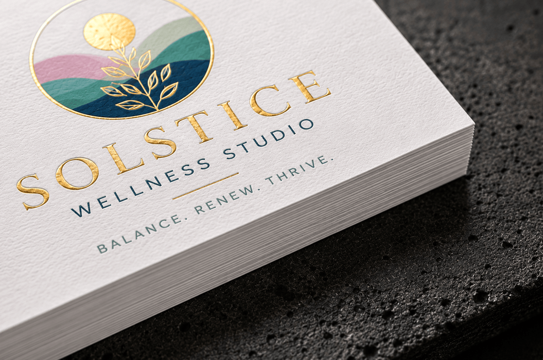 Stack of custom 12pt recycled uncoated business cards for Solstice Wellness Studio with gold foil stamped logo and botanical elements on dark stone