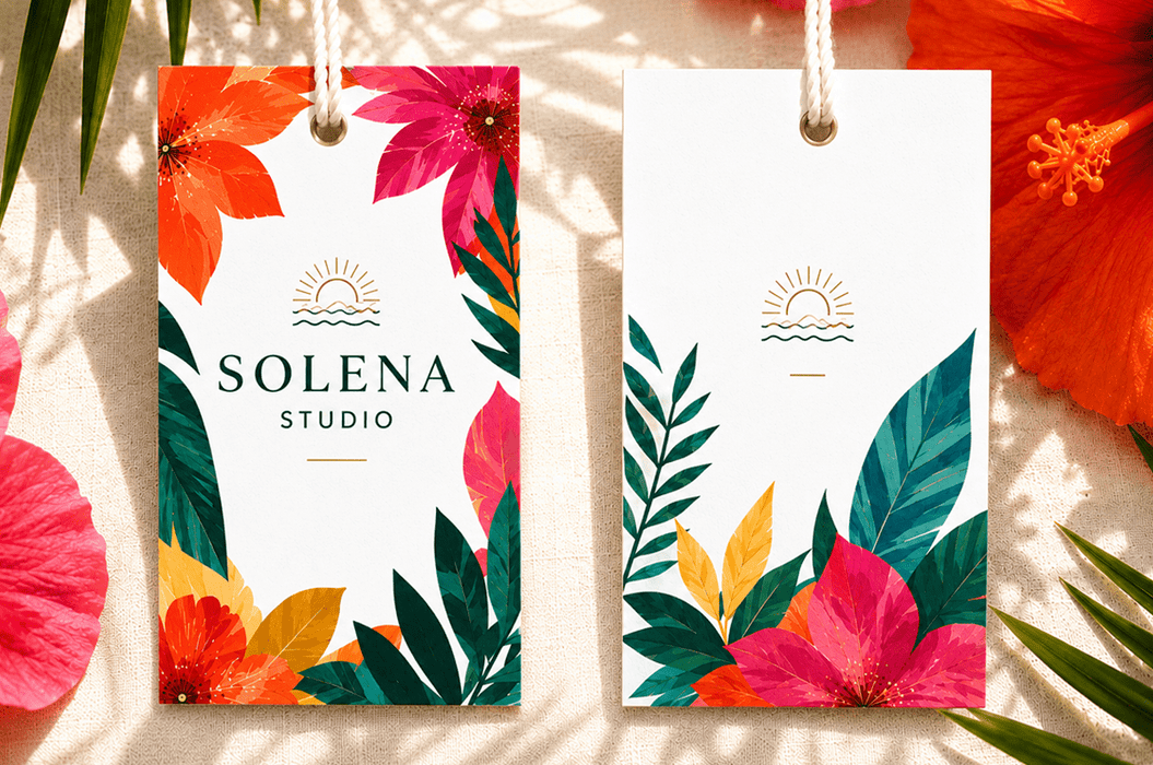 Custom printed 12pt recycled uncoated hang tags for Solena Studio featuring gold foil stamped accents, vibrant tropical hibiscus floral artwork, and white cords