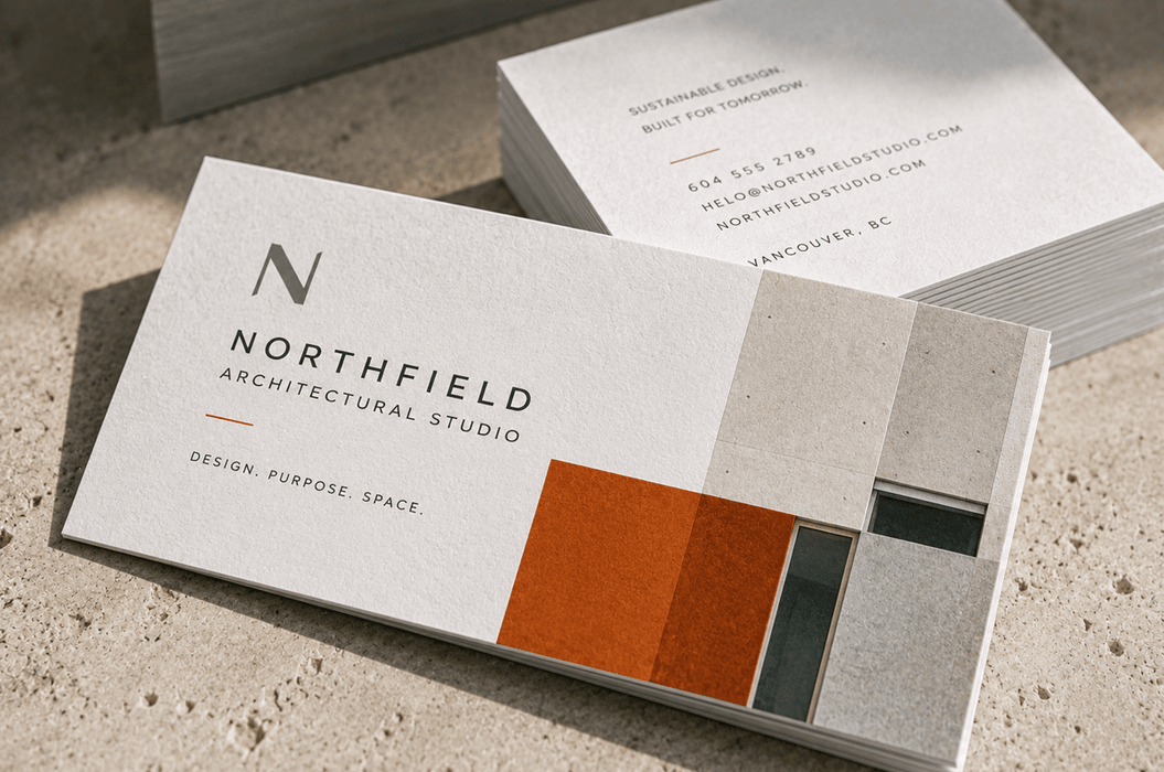 Comparison of standard, narrow trim, and square business card sizes printed on 24pt thick recycled uncoated stock