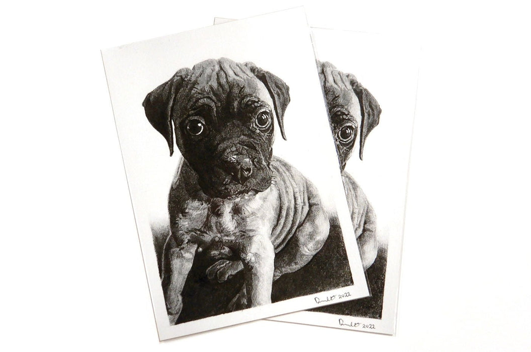 Archival giclee fine art photo print featuring a black and white puppy portrait printed on cotton paper