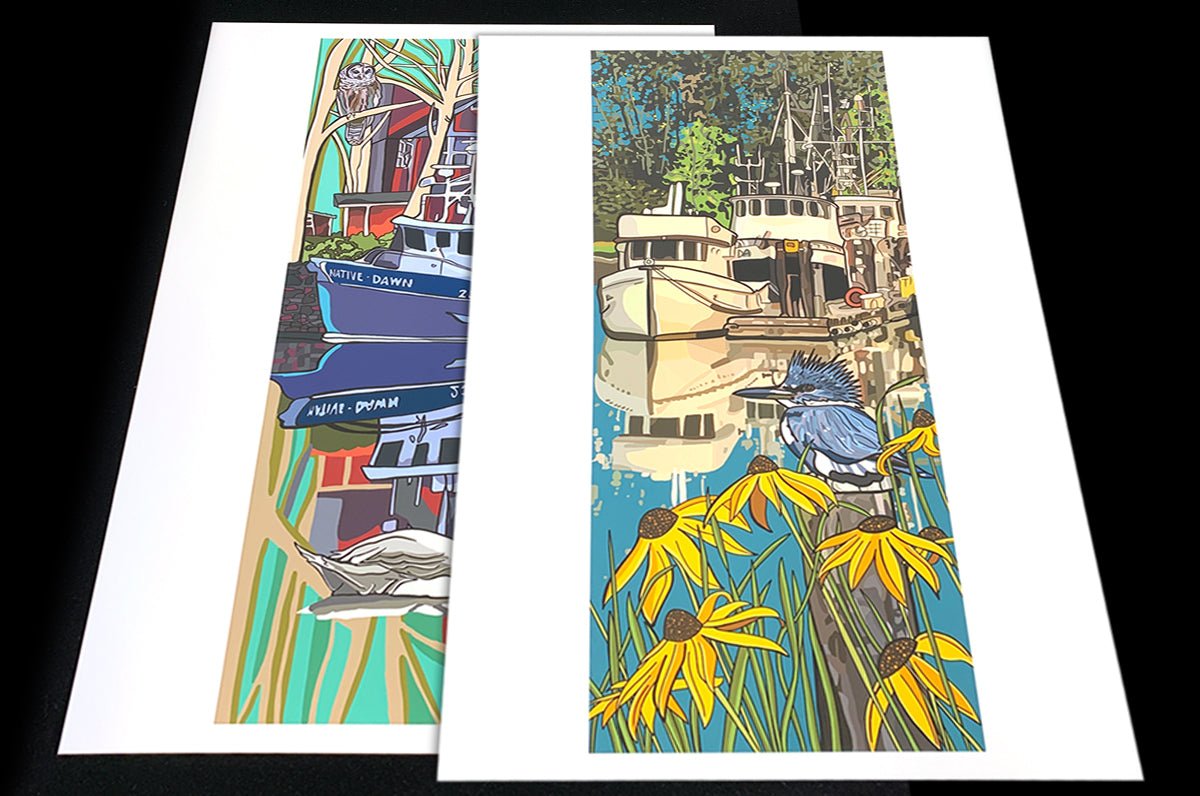 Two archival giclée fine art prints displayed on cotton paper featuring colorful illustrations