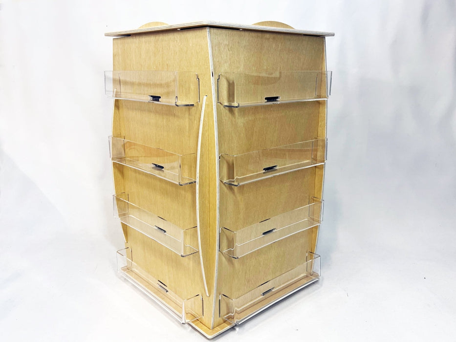 Empty 16-pocket birch plywood countertop rotating card display stand on a white studio background - Clubcard Printing USA