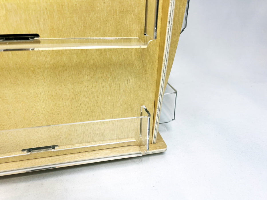 Close-up detail of clear acrylic pocket mounted on birch plywood card spinner display stand - Clubcard Printing USA