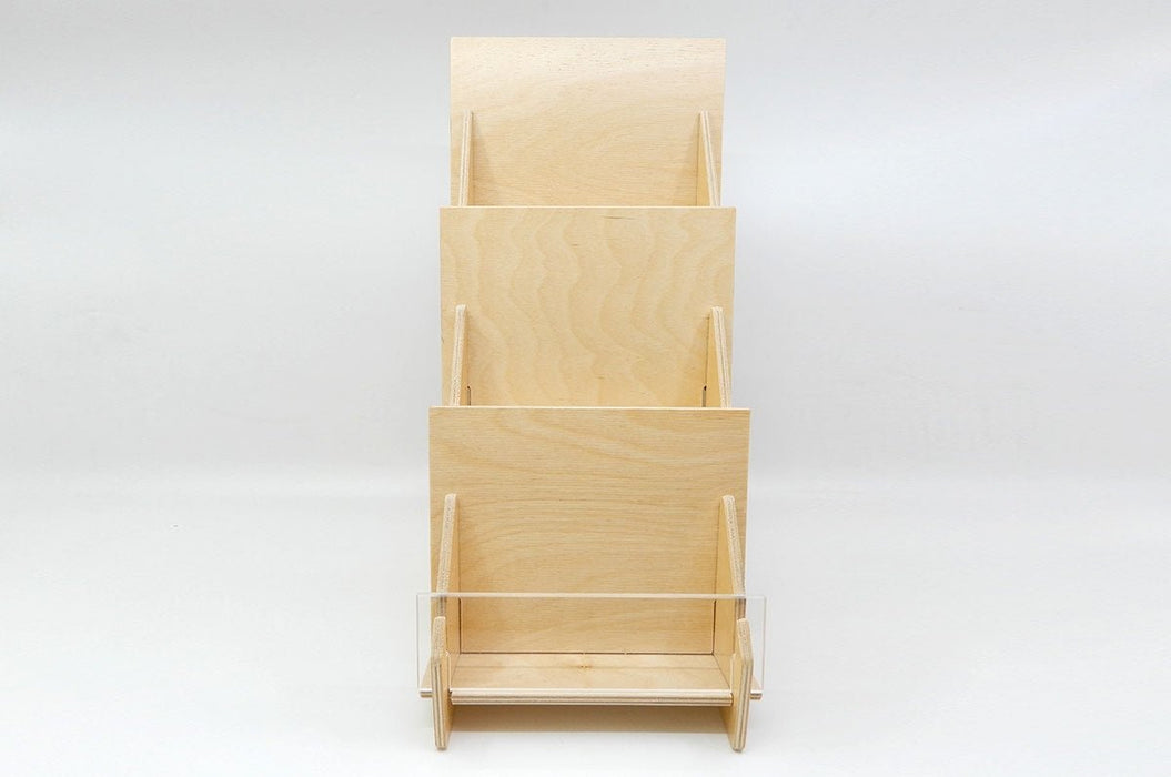 Front view of a 3-tier birch wood slim card display rack made in the USA from Clubcard Printing in Palm Springs