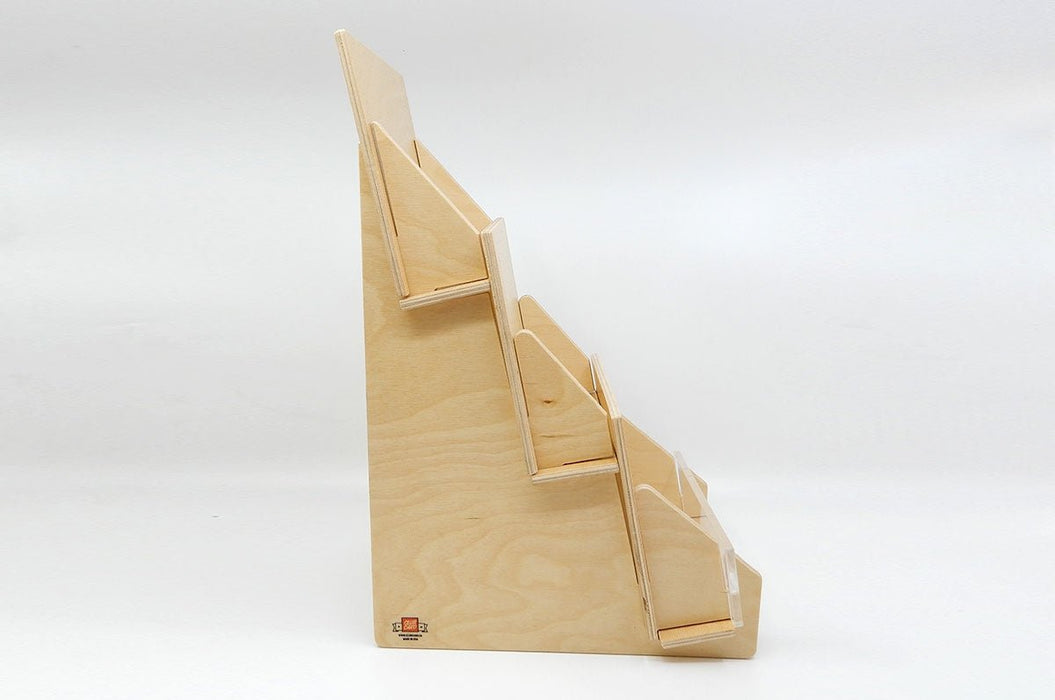 Side profile view of a 3-tier birch wood slim card display rack made in the USA. Clubcard Printing in Palm Springs