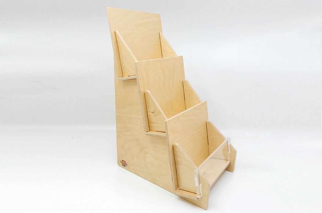 Angled side view of a 3-tier birch wood slim card display rack made in the USA. Clubcard Printing in Palm Springs