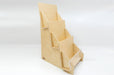 Angled side view of a 3-tier birch wood slim card display rack made in the USA. Clubcard Printing in Palm Springs