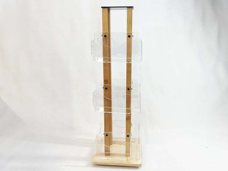 Side profile view showing the slim depth of the birch plywood countertop card spinner by Clubcard Palm Springs