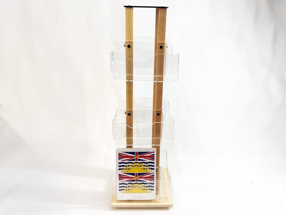 Front view of a 12-pocket birch plywood countertop card spinner display stand by Clubcard Palm Springs