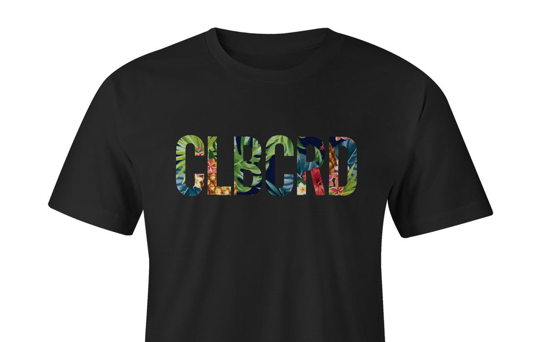 Black short sleeve t-shirt custom printed with colorful textured CLBCRD block lettering