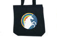Black cotton tote bag custom printed with a circular full-color rainbow and unicorn graphic
