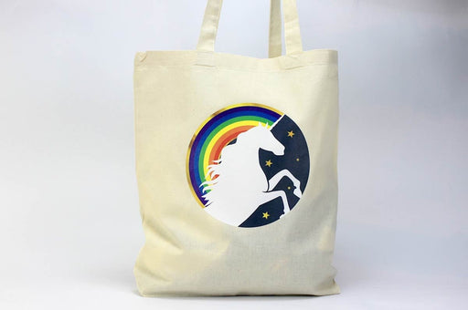 Natural cotton tote bag custom printed with a full-color rainbow and unicorn silhouette graphic