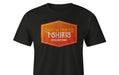 Black short sleeve t-shirt custom printed with a vintage orange Custom Printed T-Shirts logo emblem