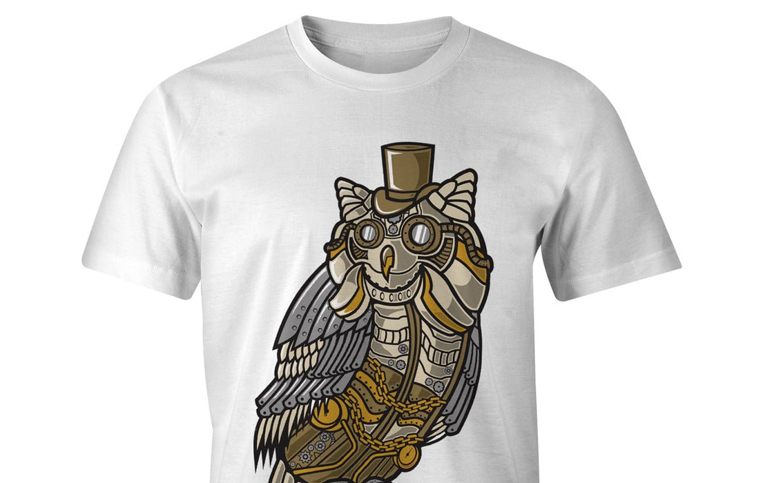 White short sleeve t-shirt custom printed with a full-color steampunk mechanical owl graphic