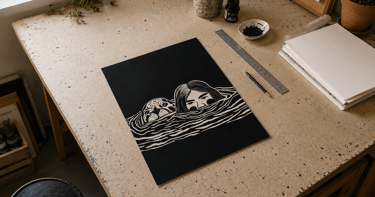 Fine Art Prints giclée print  line art of a person and seal on black and white smooth cotton on Epson Hot Press paper