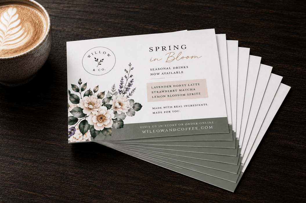 A fanned-out stack of printed coffee shop marketing cards on a dark wooden table next to a cup of latte art, printed by Clubcard Palm Springs on 12pt 100% recycled fibers stock with full color detail.