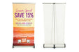 Front and back view of a 15.75x32 inch table-top retractable roll-up banner stand with custom graphic