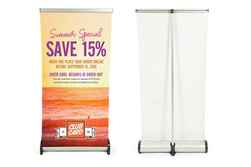Front and back view of a 15.75x32 inch table-top retractable roll-up banner stand with custom graphic