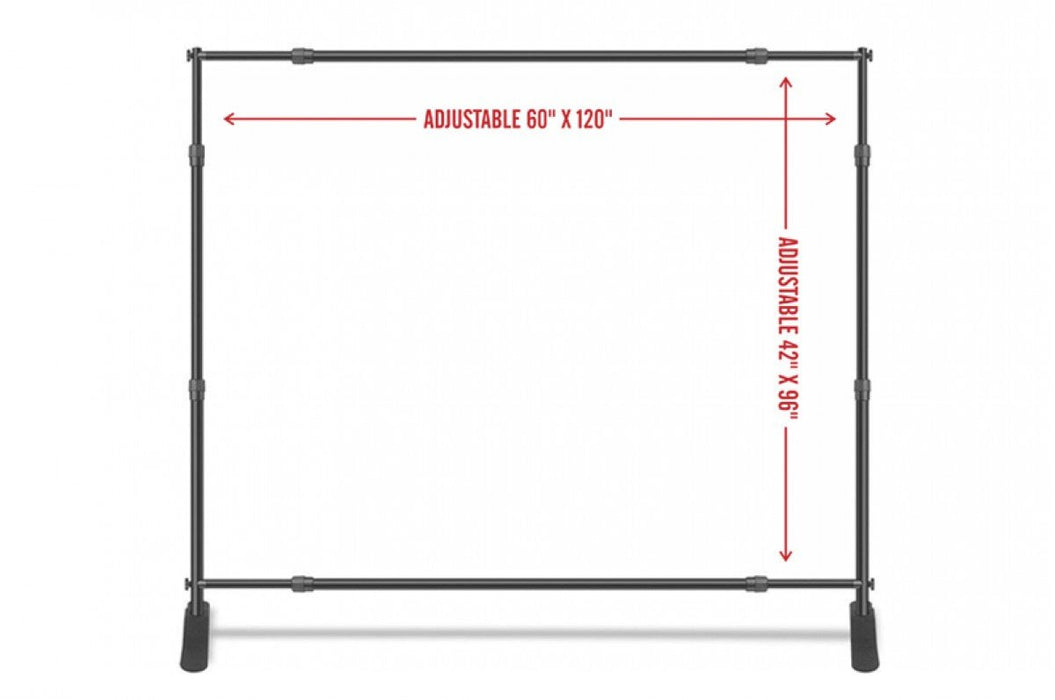 Diagram showing adjustable dimensions of telescopic backdrop banner stand frame from 60 to 120 inches wide and 42 to 96 inches high
