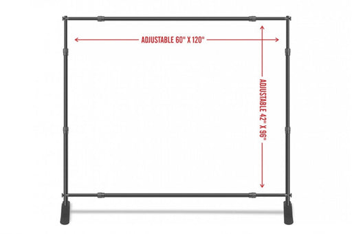 Diagram showing adjustable dimensions of telescopic backdrop banner stand frame from 60 to 120 inches wide and 42 to 96 inches high